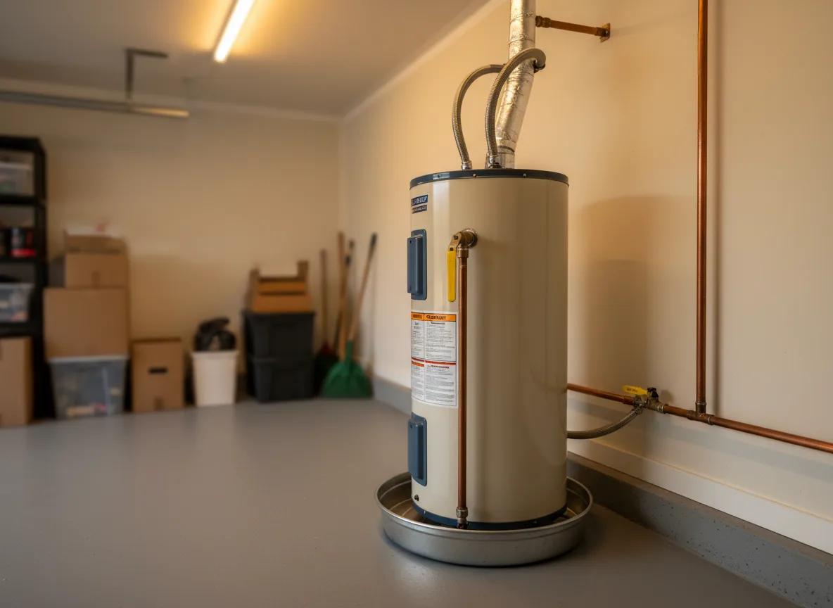Residential gas water heater in a garage